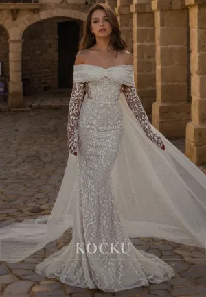 Glamorous & Dramatic Off-Shoulder Long sleeves Appliques Mermaid Wedding Dress