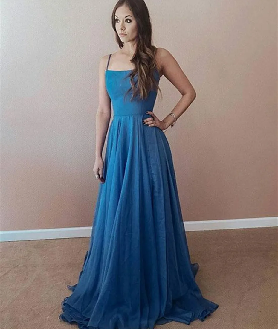 A Line Spaghetti Straps Sweep Train Blue Chiffon Long Prom Dresses with Cross Back, Blue Graduation Dresses, Evening Dresses