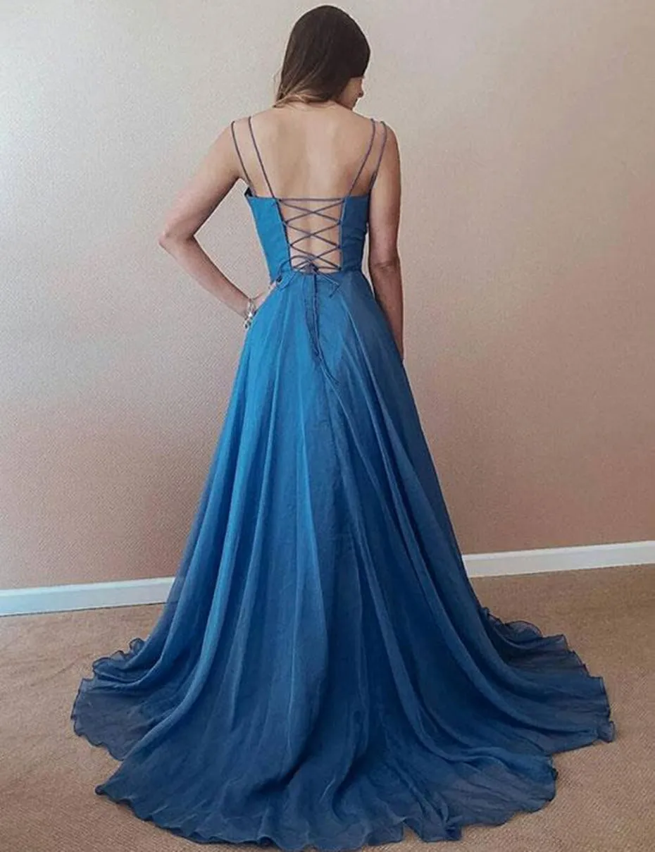 A Line Spaghetti Straps Sweep Train Blue Chiffon Long Prom Dresses with Cross Back, Blue Graduation Dresses, Evening Dresses