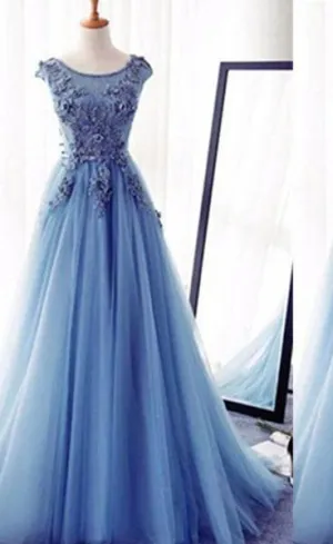 Appliques Lace Up Capped Sleeves A-Line/Princess Tulle 2025 Blue Prom Dresses