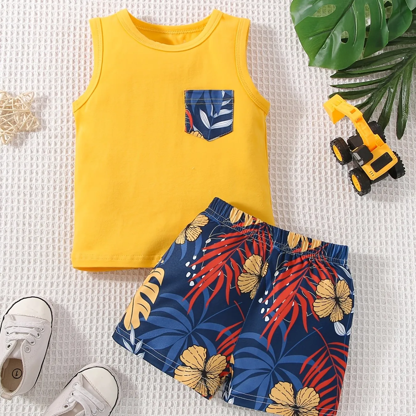 Baby Boys Beach Suit Plant Print Tank Top  Shorts