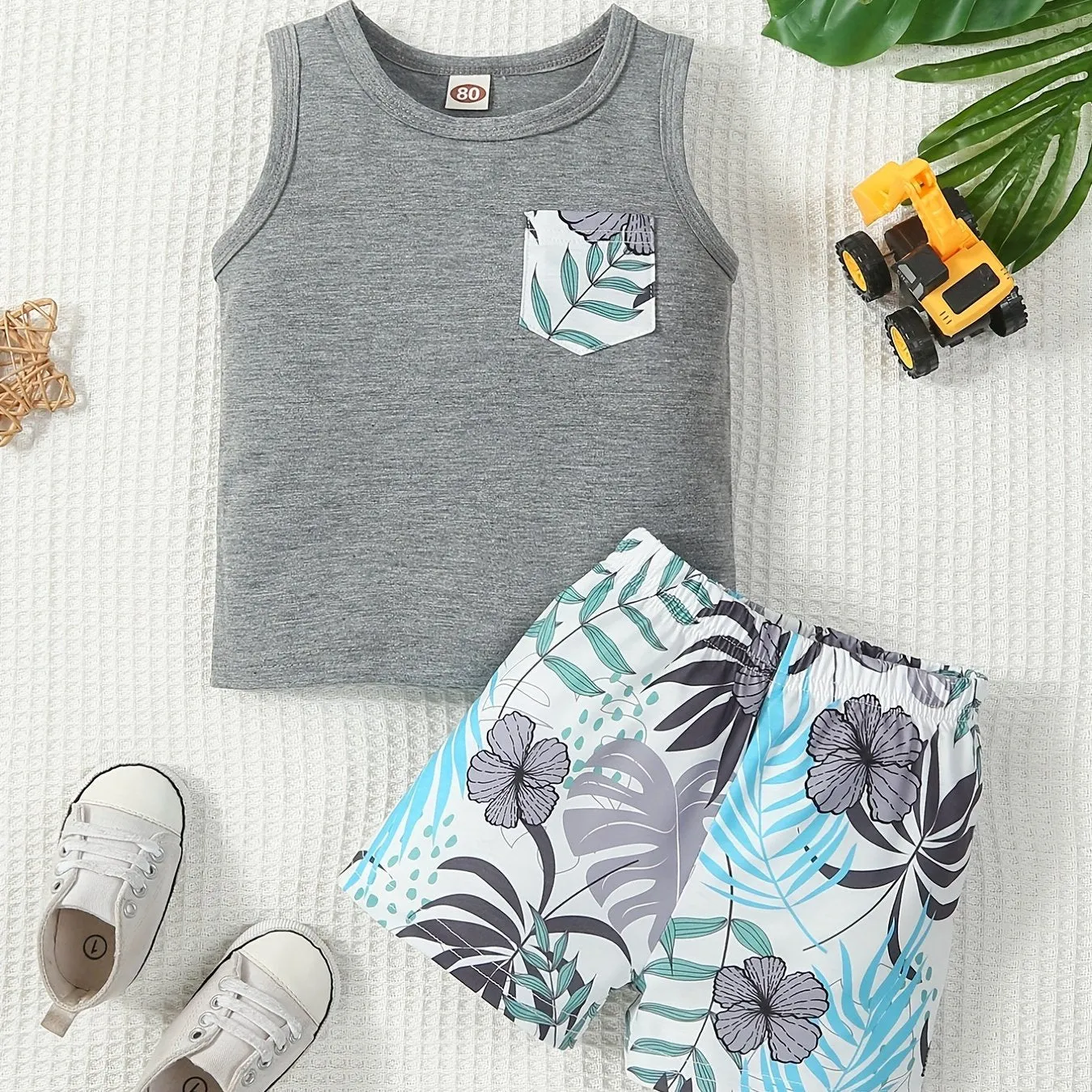 Baby Boys Beach Suit Plant Print Tank Top  Shorts