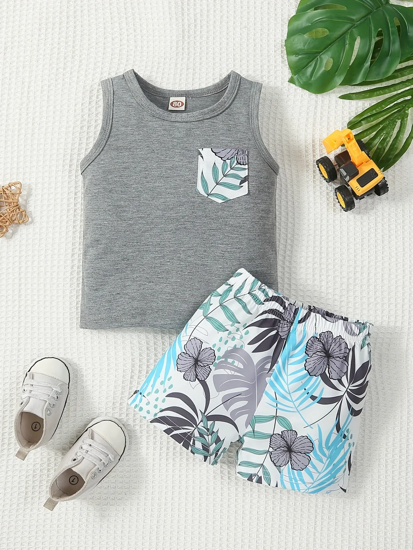 Baby Boys Beach Suit Plant Print Tank Top  Shorts