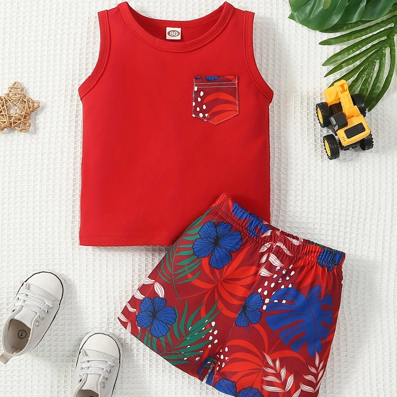 Baby Boys Beach Suit Plant Print Tank Top  Shorts