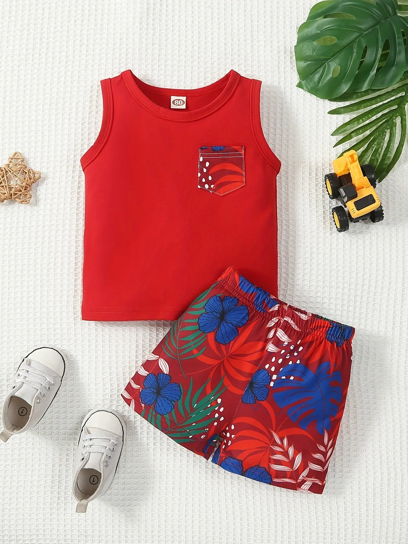 Baby Boys Beach Suit Plant Print Tank Top  Shorts