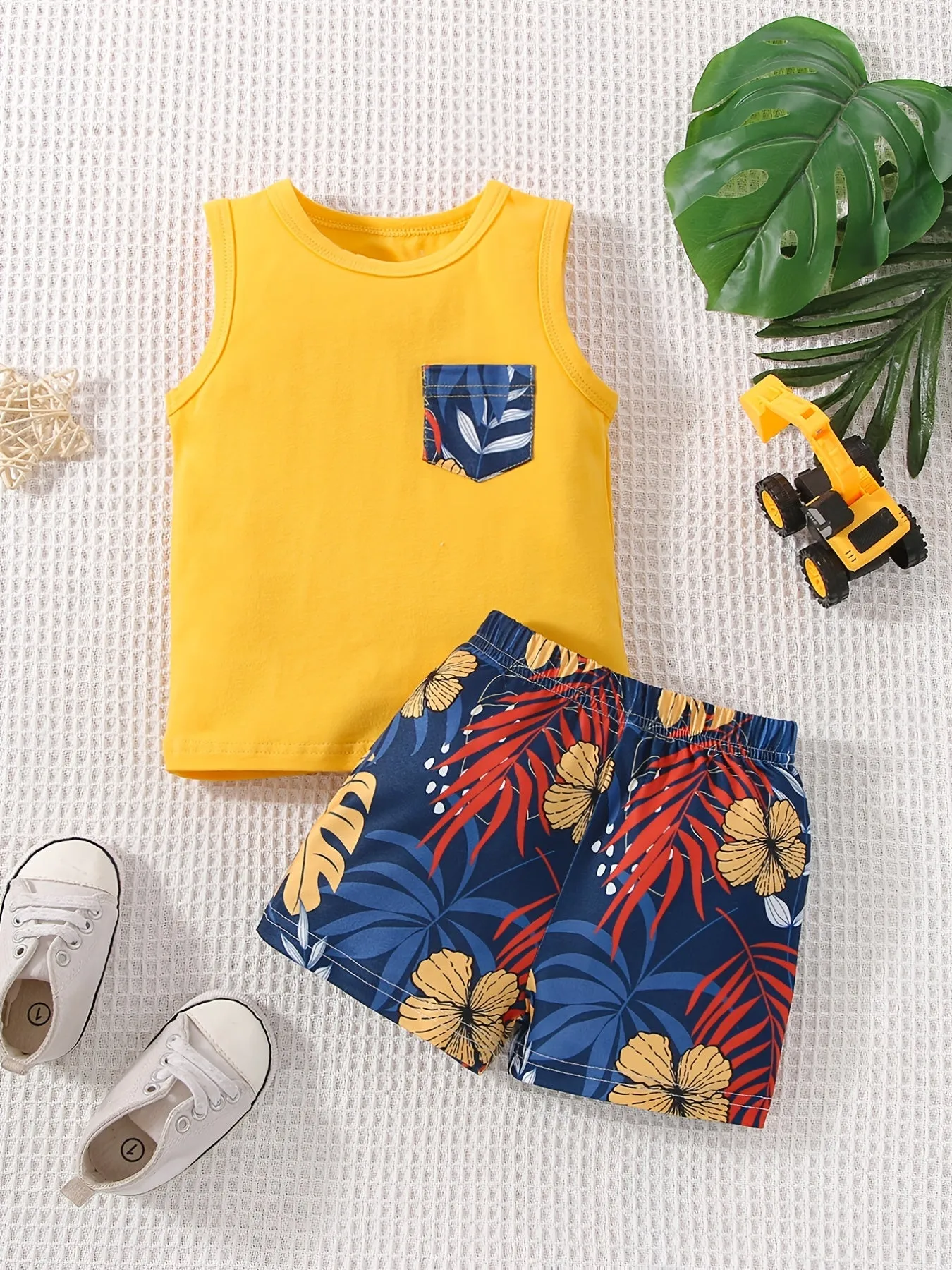 Baby Boys Beach Suit Plant Print Tank Top  Shorts