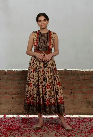 Beige Kalamkari Printed Cotton Silk Long Dress With Single Buckle Cruelty Free Leather Belt