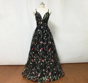 Black Floral Fairy Prom Dress Long Evening Gowns for Wedding