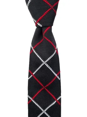 Black Knitted Tie with a Red and White Argyle Pattern