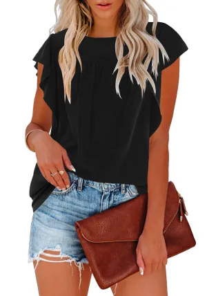 Black Short Ruffle Sleeves Crew Neck Pleated Loose Top