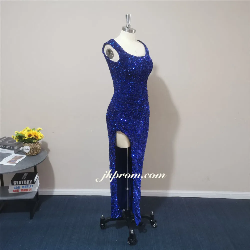 Bling Royal Blue Long Evening Dress High Slit Sequins Party Gowns For Wedding,Graduation Dresses,Best Prom Dresses