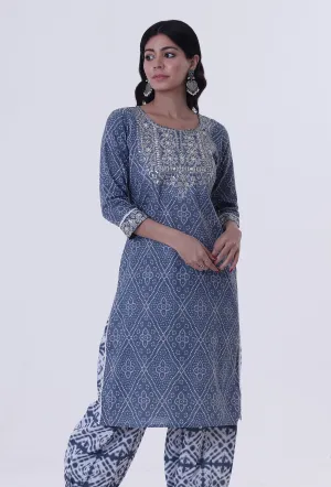 Blue & White Block Printed Cotton Kurta