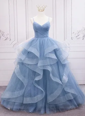 Blue Tulle Layers Long Party Dress Prom Dress Sweet 16 Dresses