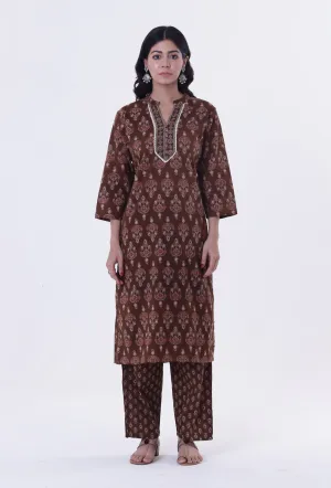 Brown & Multicolor Cotton Block Printed Kurta