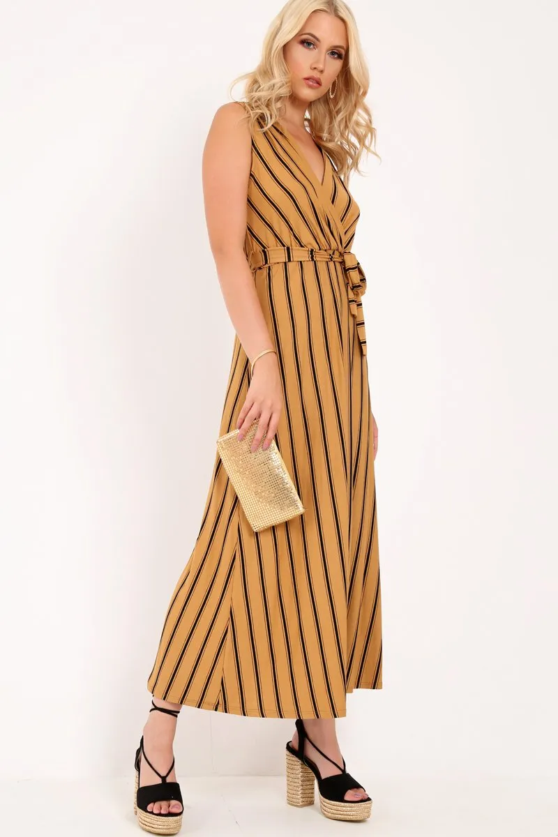 Camel Black Stripe Plunge Wrap Maxi - Skyelin