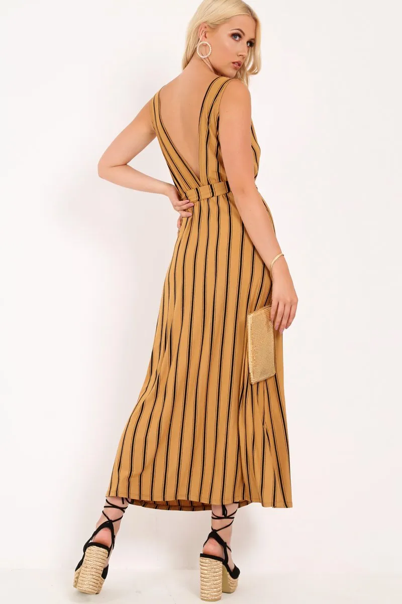 Camel Black Stripe Plunge Wrap Maxi - Skyelin