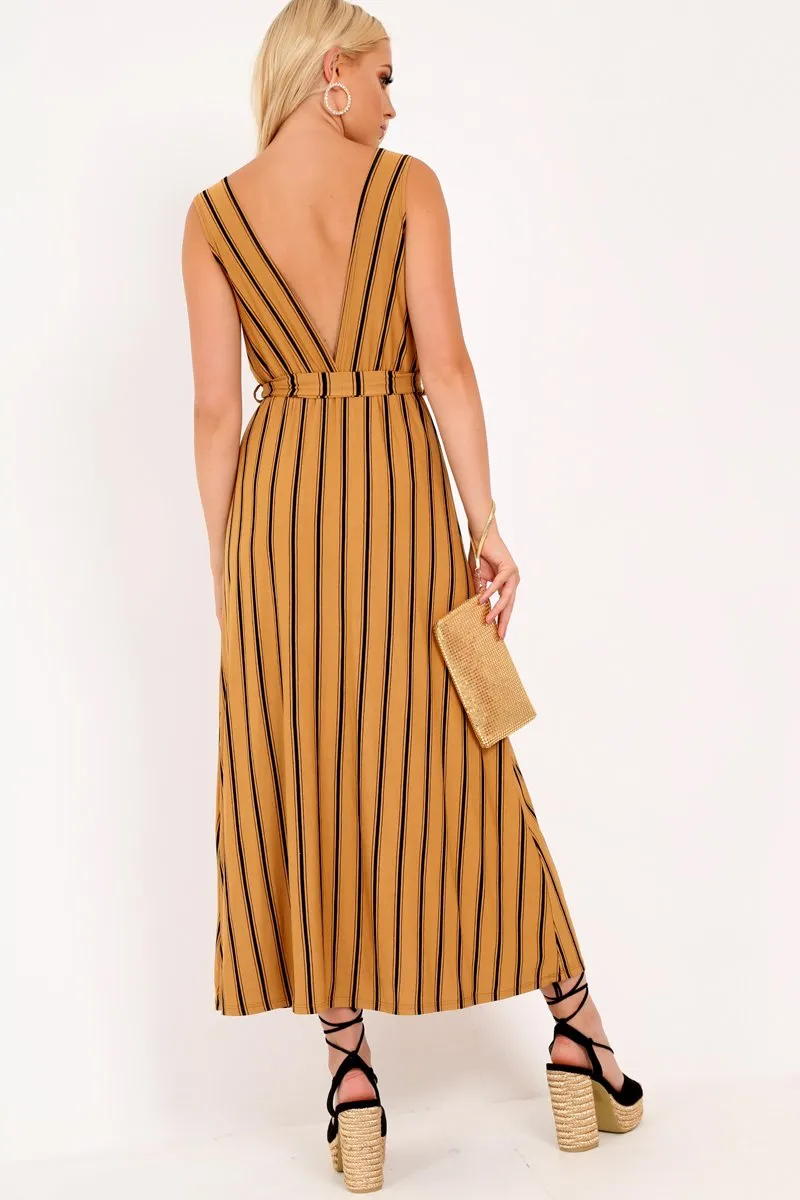 Camel Black Stripe Plunge Wrap Maxi - Skyelin