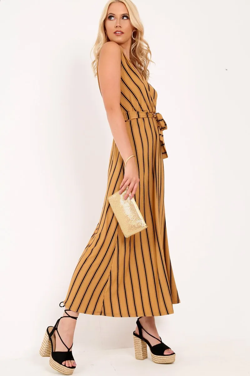 Camel Black Stripe Plunge Wrap Maxi - Skyelin