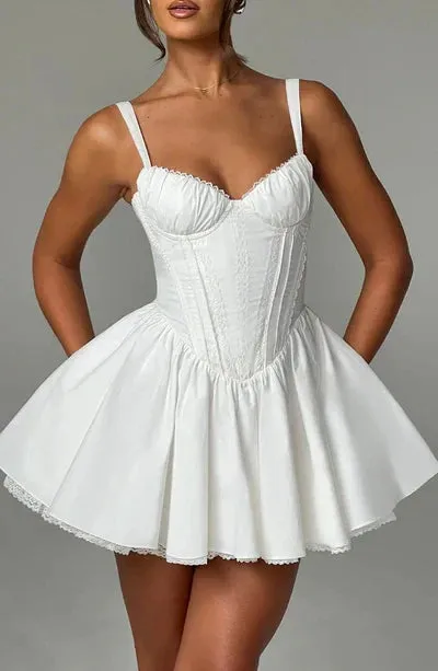 Cami Dress Solid Color Sleeveless V-Neck Big Bow Flowy White Mini Corset Slim Summer Casual Women's Dress