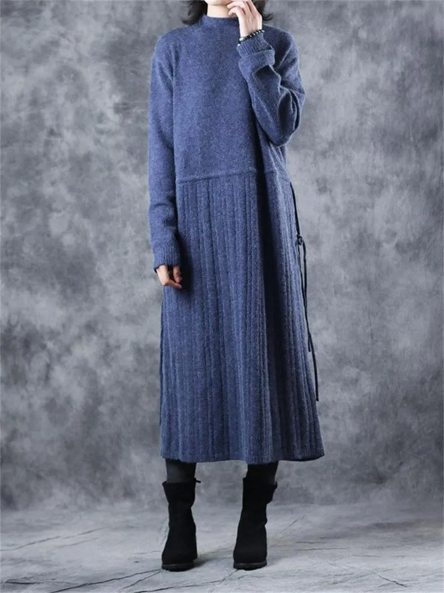 Casual Retro Drawstring Pleated Women'S Sweater Dress