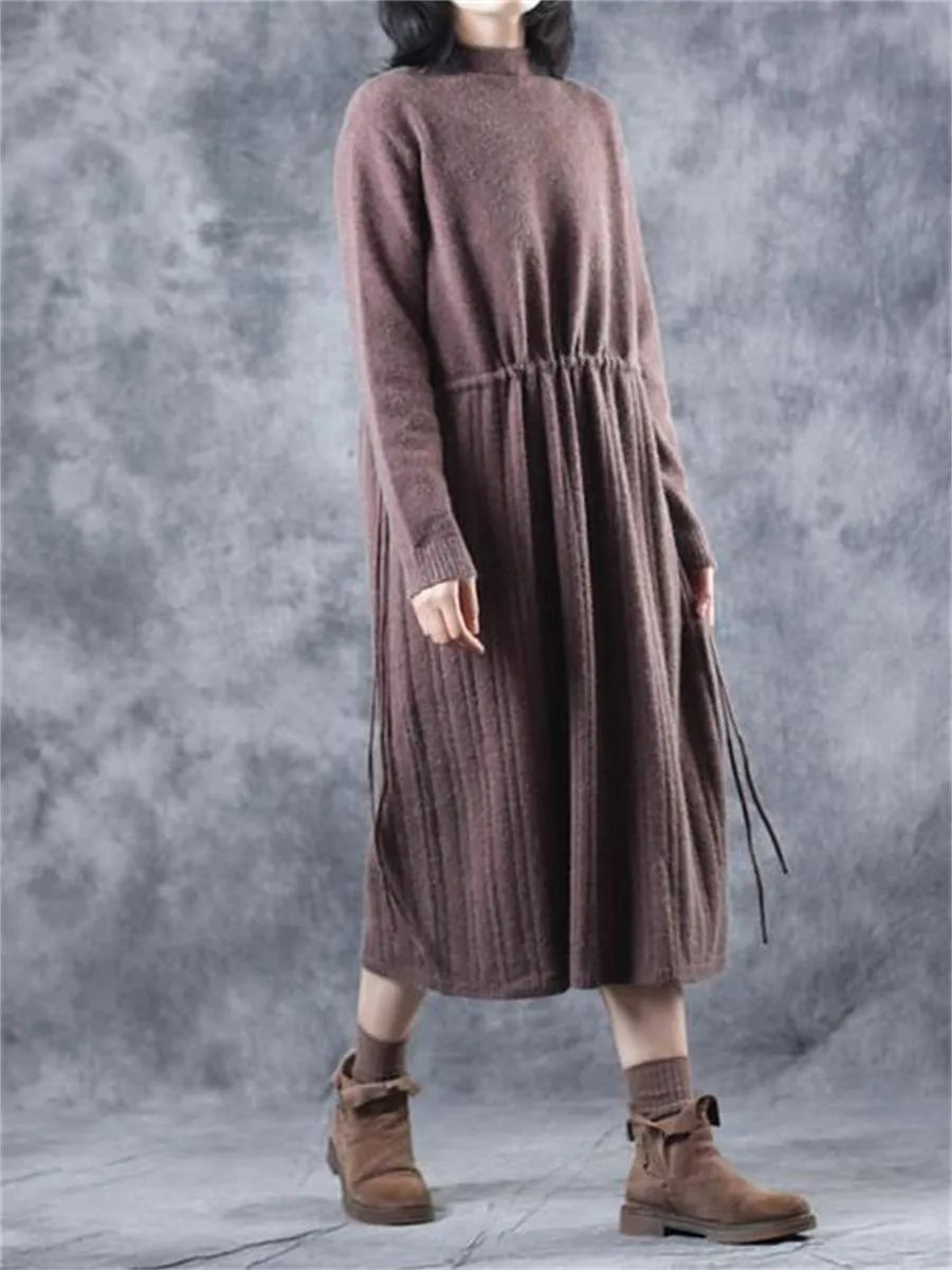 Casual Retro Drawstring Pleated Women'S Sweater Dress