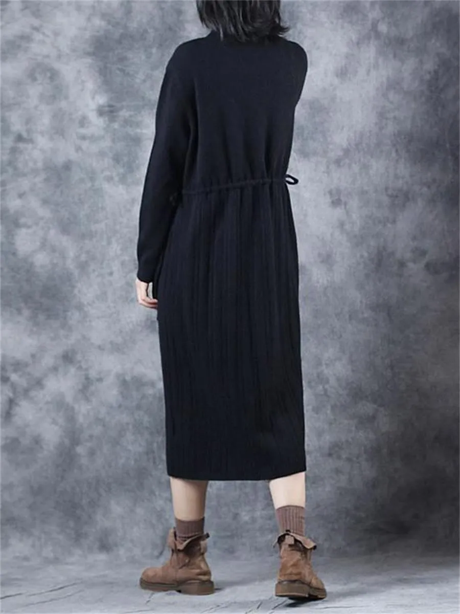 Casual Retro Drawstring Pleated Women'S Sweater Dress