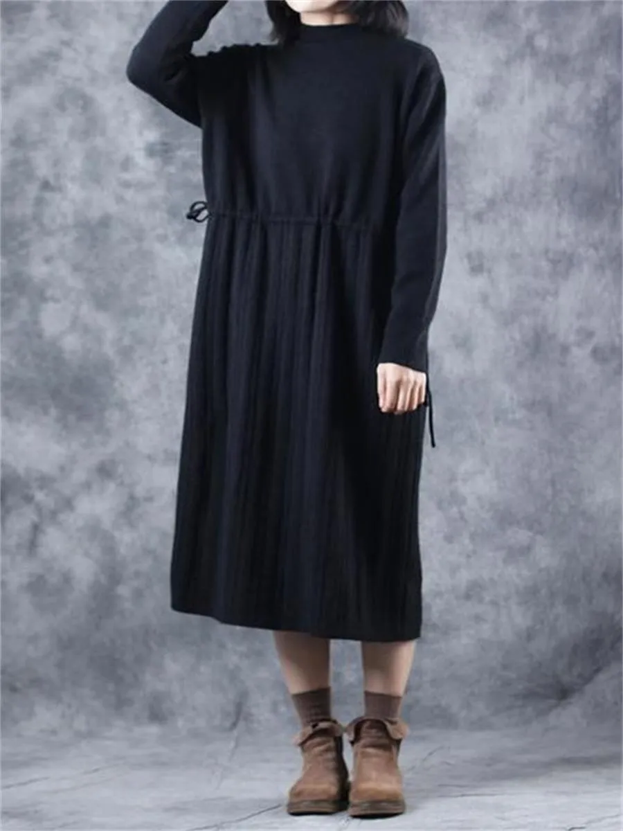 Casual Retro Drawstring Pleated Women'S Sweater Dress