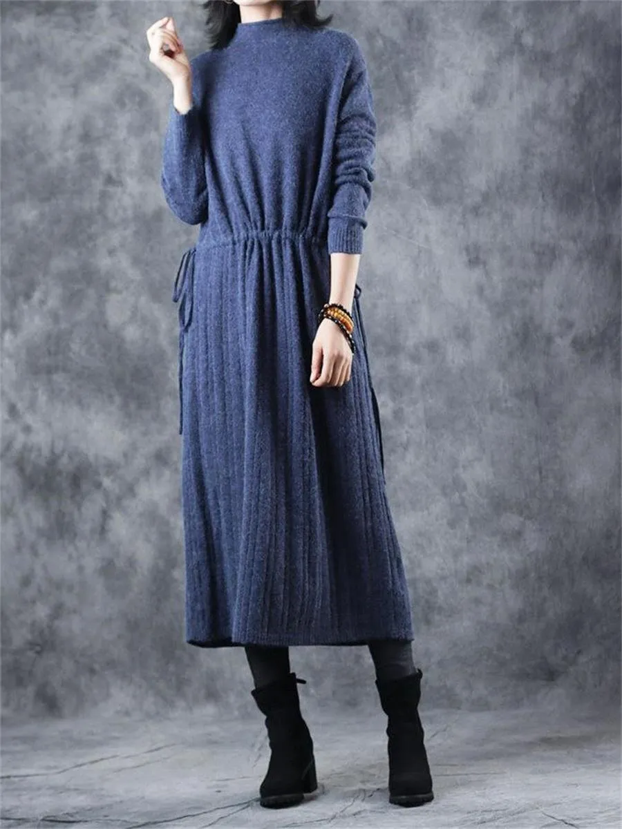 Casual Retro Drawstring Pleated Women'S Sweater Dress