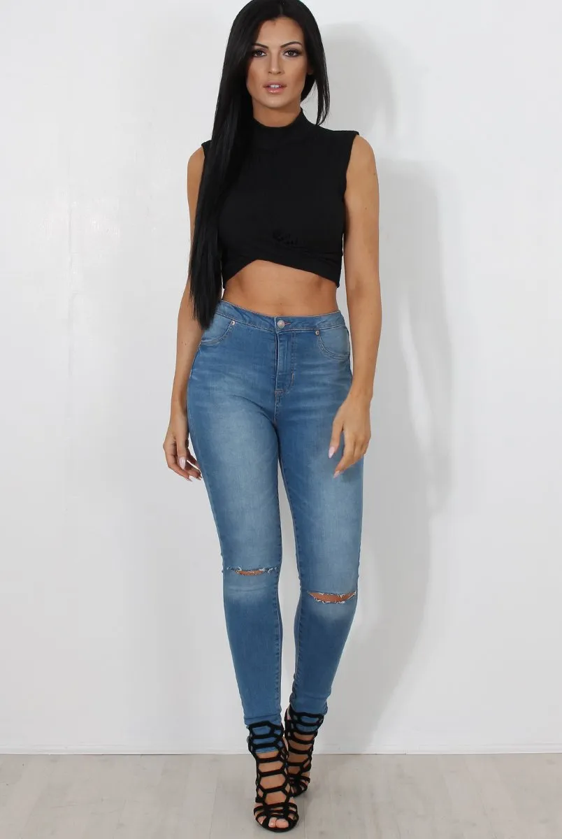 Claron Black Ribbed High Neck Crop Top