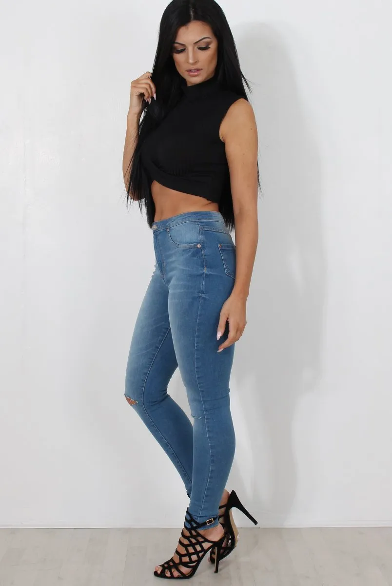 Claron Black Ribbed High Neck Crop Top