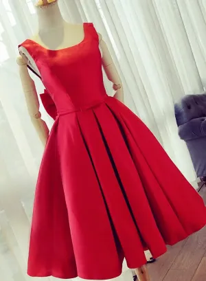 Cute Satin Bow Back Party Dresses Red Short Homecoming Dresses