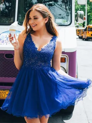 Cute V Neck Open Back Lace Beading Royal Blue Short Prom Dresses Homecoming Dresses, Royal Blue Lace Formal Dresses, Evening Dresses