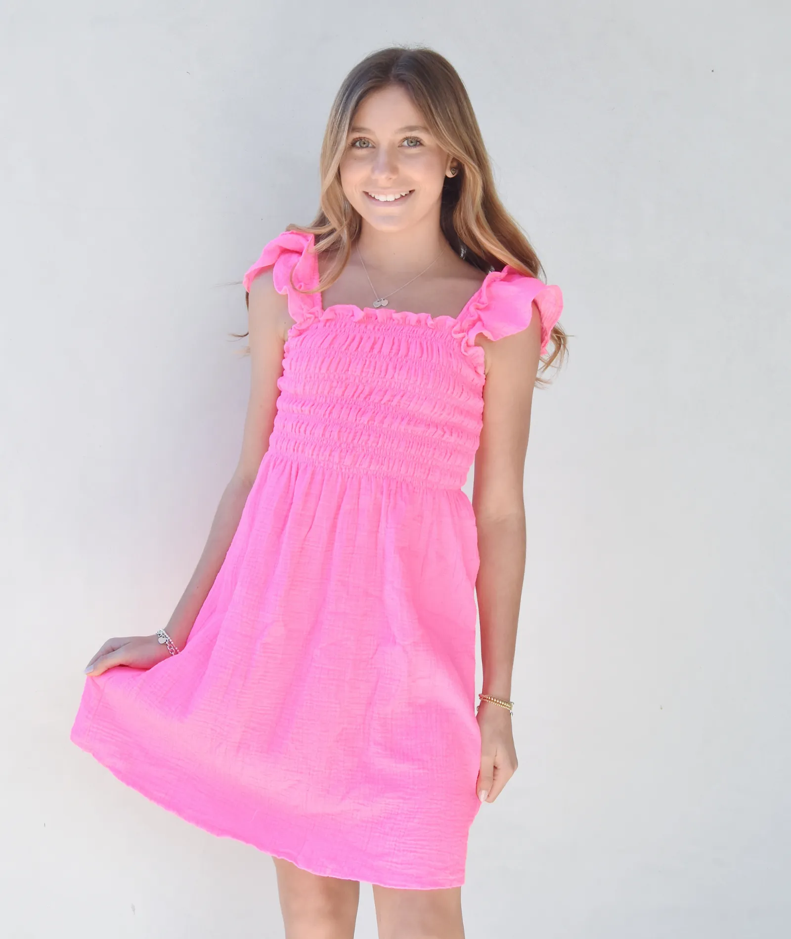 FBZ Girls Neon Pink Gauze Smock Sleeve Dress