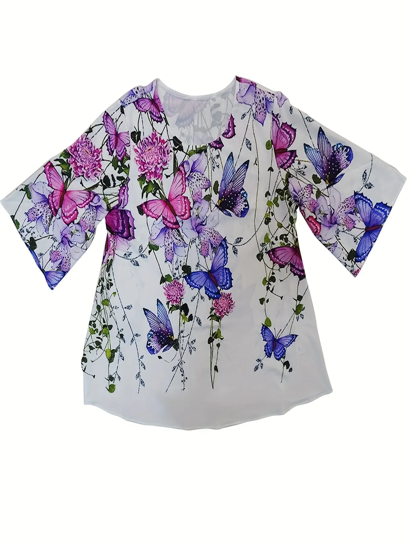 Floral  Butterfly Print Plus Size Elegant Blouse