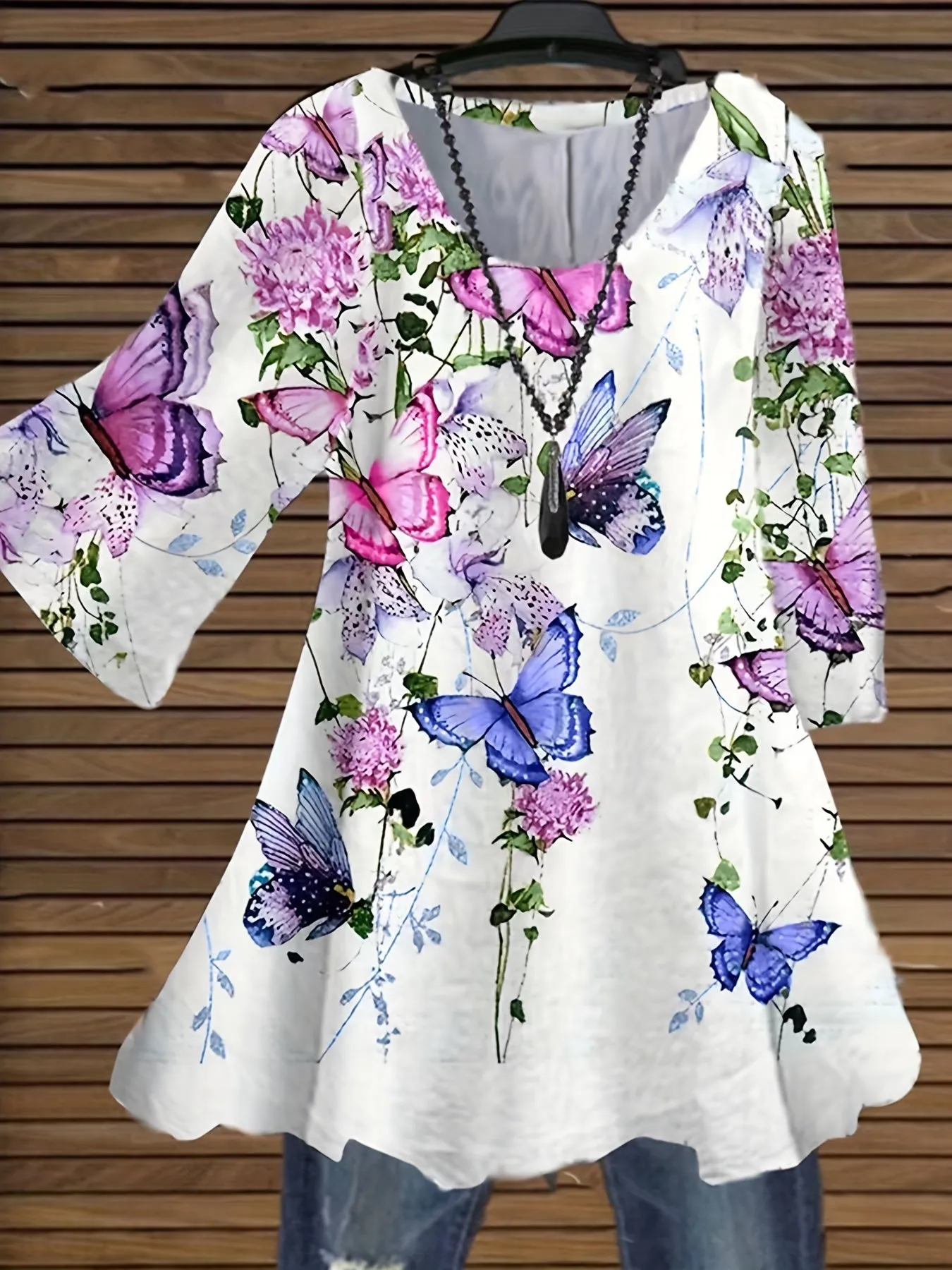 Floral  Butterfly Print Plus Size Elegant Blouse