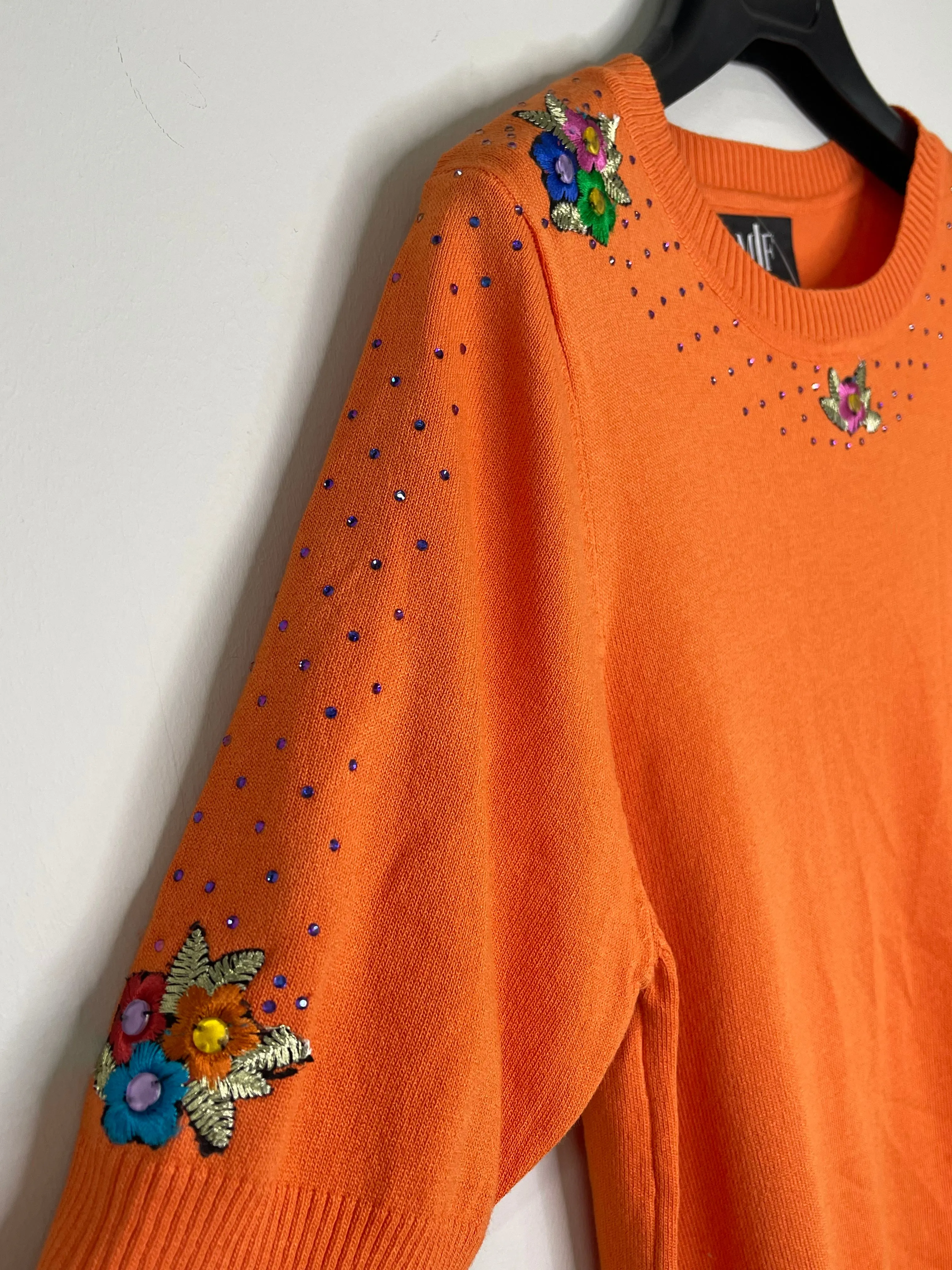 Floral Embelished Orange Short Sleeve Sweater