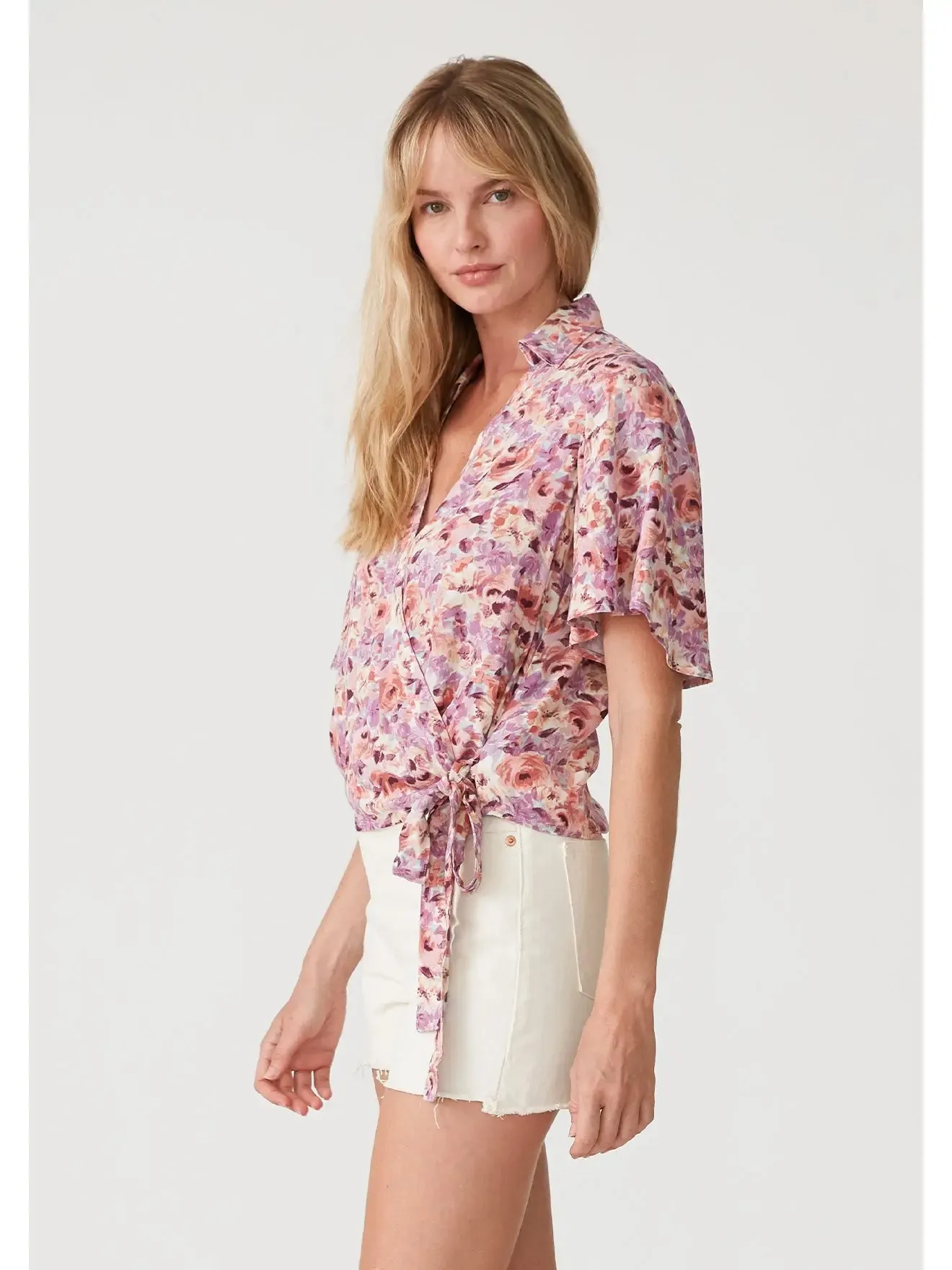Floral Flutter Collared Wrap Top