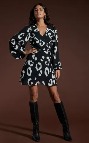 Ginger Mini Wrap Dress In Oversized Mono Leopard