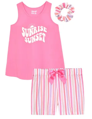 Girls 2-Piece Sleeveless Tank-Top Jersey Pajama Shorts Set with Hair Scrunchie- Sunrise Sunset.