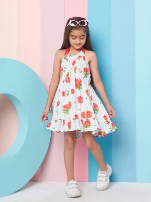 Girls Floral Printed Halter Neck Cotton A-Line Dress