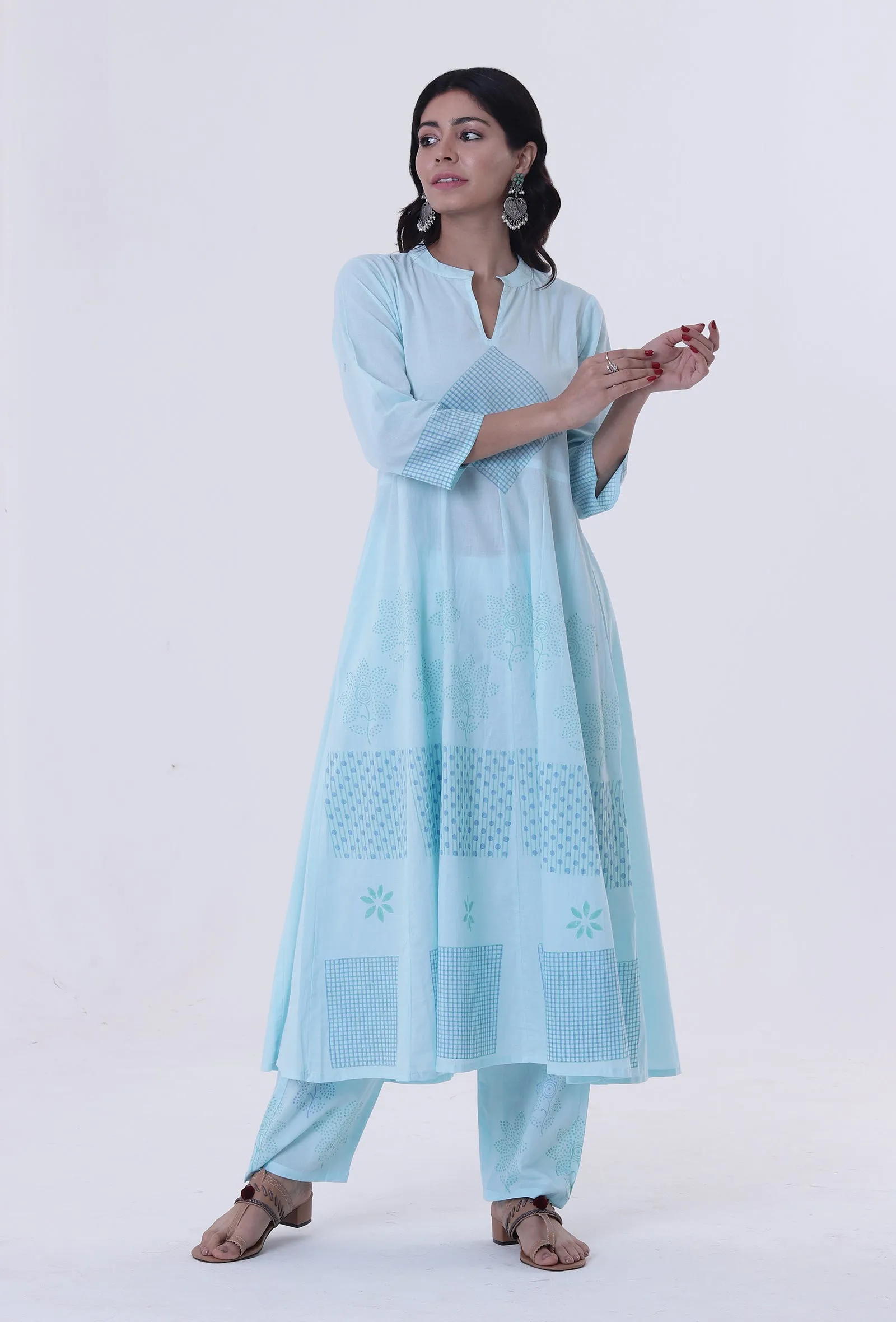 Greenish-Blue Cotton Block Printed Anarkali Kurta