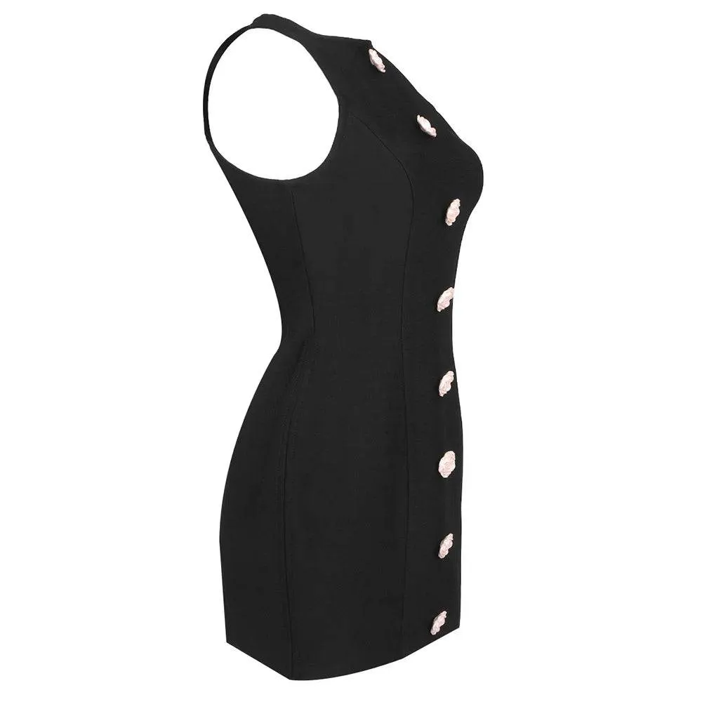 Jelliannah Flowers Button Black Mini Dress