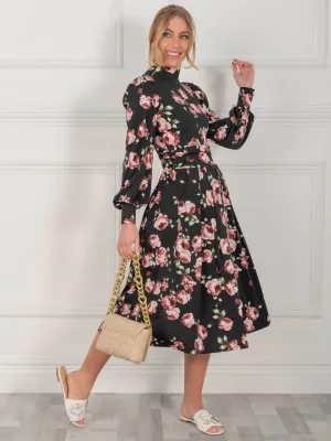 Jolie Moi Kathryn Long Sleeve Midi Dress, Black Floral