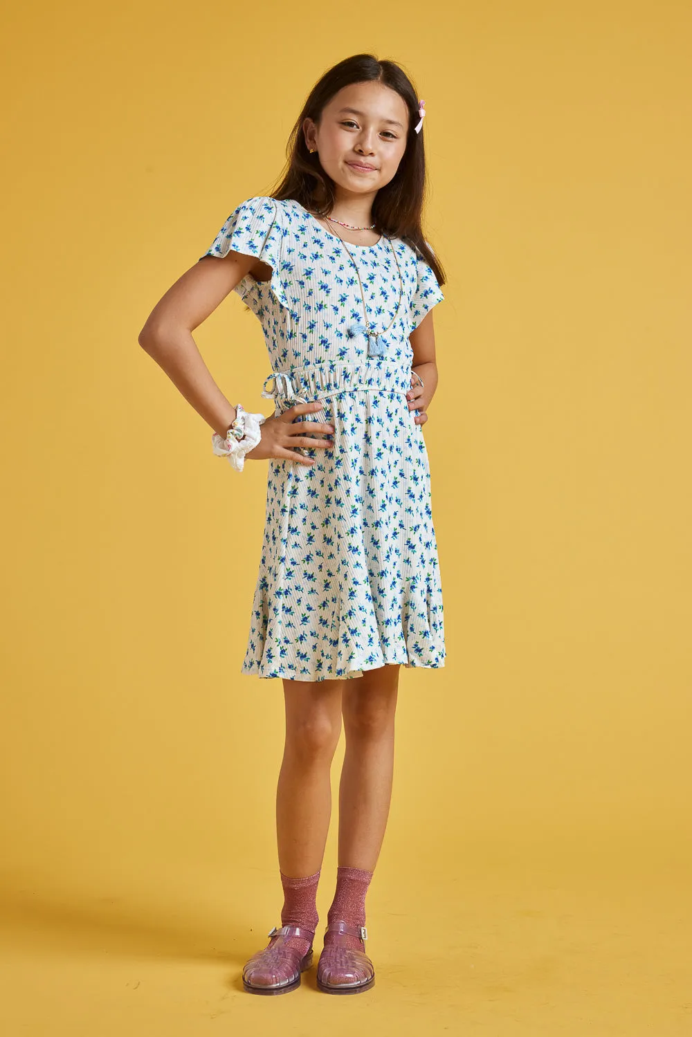Kids White Blue Floral Tie Side Scrunchy Dress