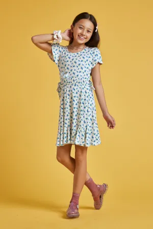 Kids White Blue Floral Tie Side Scrunchy Dress