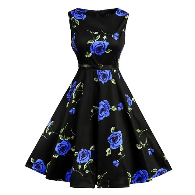 Kostlich 2017 Summer Dress Women Cotton Floral Print 50s 60s Vintage Dress With Belt Sleeveless Elegant Party Dresses Sundress