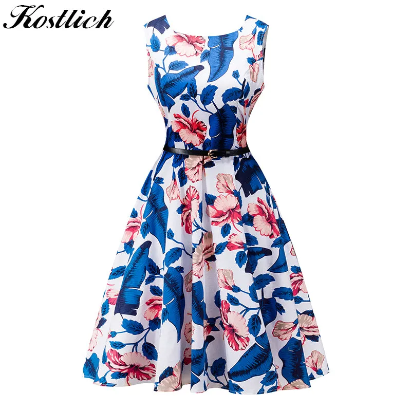 Kostlich 2017 Summer Dress Women Cotton Floral Print 50s 60s Vintage Dress With Belt Sleeveless Elegant Party Dresses Sundress