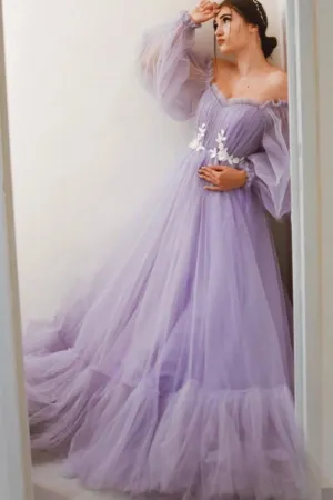 Lilac Long Prom Dresses,A-Line Tulle Gala Dress Formal Evening