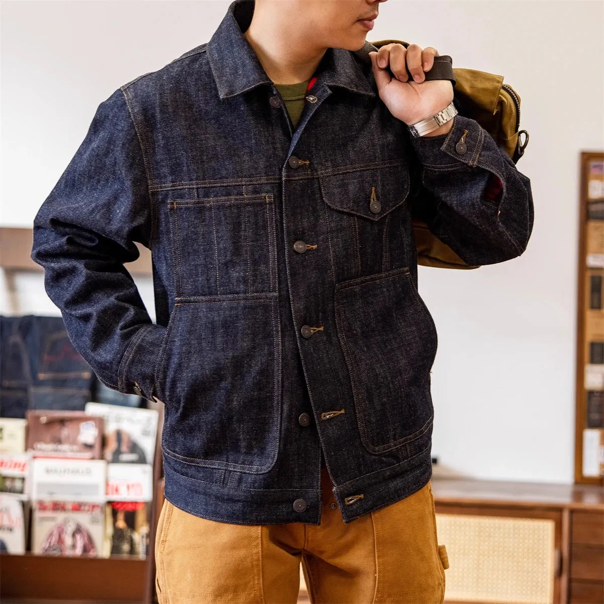 Lined Denim Cruiser Jacket Casual Style Mens Jean Outerwear