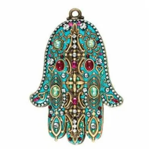 Michal Golan Teal Tone/Pink & Green Stone Wall Hamsa